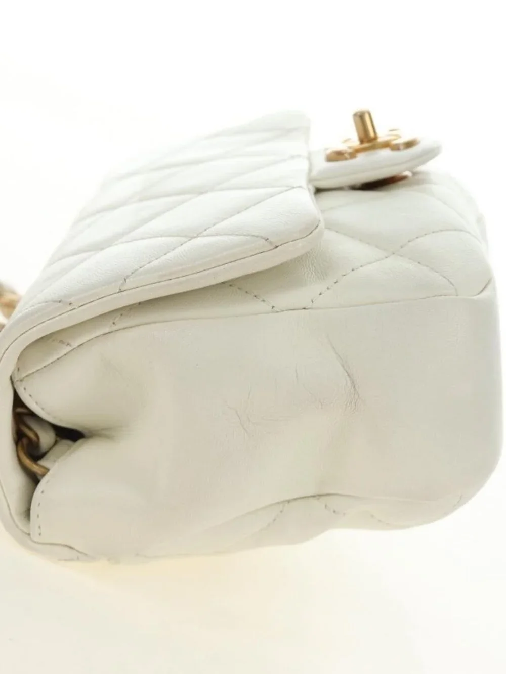 CHANEL Matelasse Top Handle Chain Bag Leather 2way White Gold CC Auth 188866SAM
